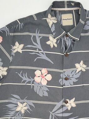 Tommy Bahama Silk Camp Shirt XL Gray Tropical Hibiscus Print Hawaiian Shirt
